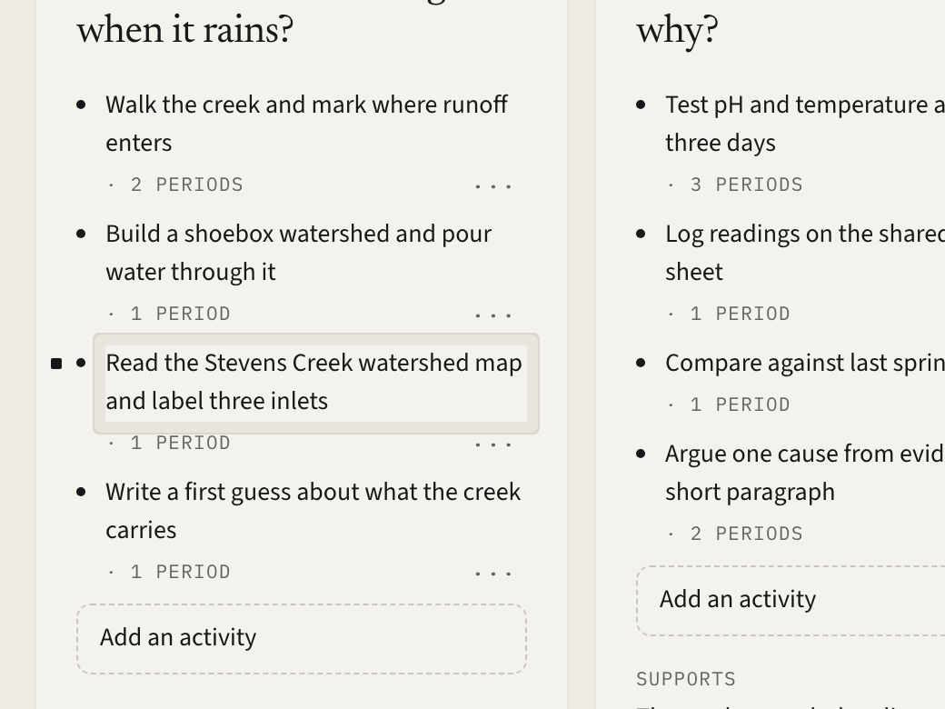 The sample unit in edit mode: a week-one activity just changed to name Stevens Creek, marked as changed.